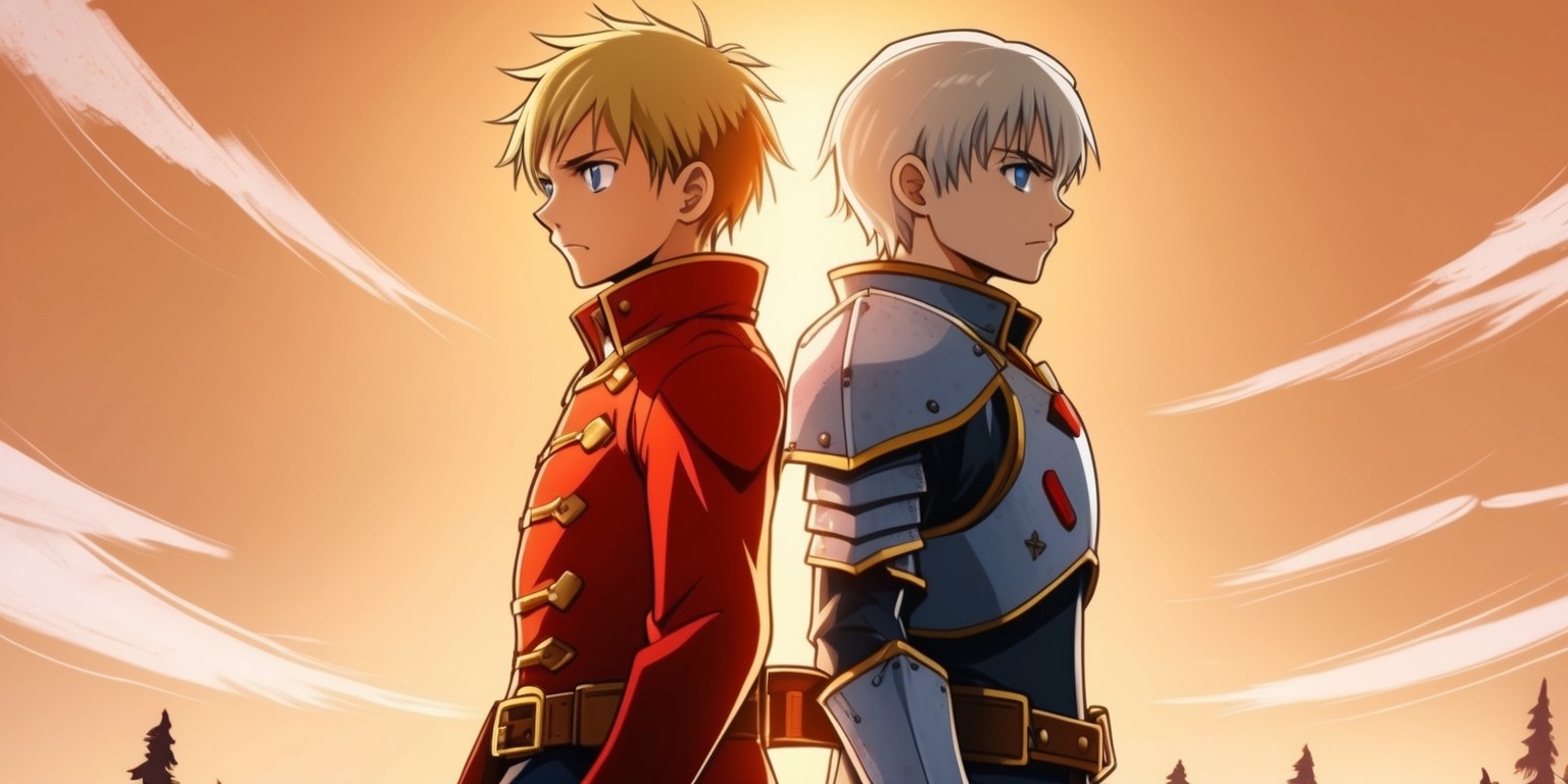 A vibrant illustration inspired by the Fullmetal Alchemist anime, depicting the Elric brothers, Edward and Alphonse, standing back-to-back against a warm, golden sunset, with Edward's iconic red coat and Alphonse's suit of armor contrasting beautifully against the soft, orange hues of the sky, the brothers' facial features sharply defined, Edward's short, blond hair messy and Alphonse's gentle, blue-eyed gaze serene, the atmosphere tense yet hopeful, with subtle, wispy clouds and a few, scattered trees in the background, the entire scene rendered in a mix of traditional and digital media, with bold lines, dynamic brushstrokes, and intricate details, evoking a sense of adventure, camaraderie, and fantasy.