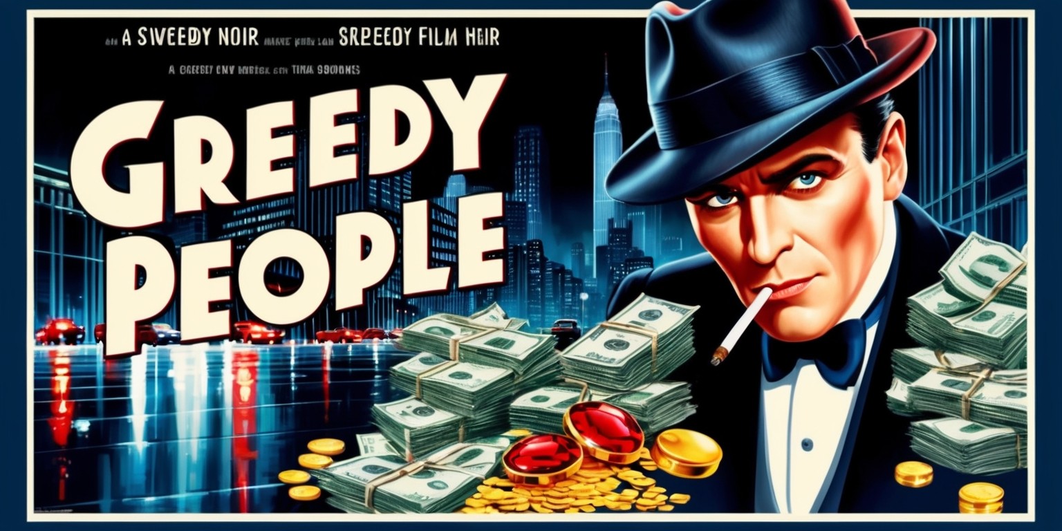 A vintage-style movie poster for Greedy People, a fictional film noir set in the 1940s, featuring a cityscape at night with sleek skyscrapers and neon lights reflecting off the wet pavement, a sense of mystery and crime lurking in the shadows. In the foreground, a close-up of a well-dressed, cigarette-smoking protagonist with a sharp jawline, piercing eyes, and a fedora, surrounded by piles of cash, gold coins, and precious jewels, symbolizing the corrupting influence of wealth. The color palette is a mix of dark blues, rich golds, and deep reds, evoking feelings of luxury, power, and deceit. The title Greedy People is emblazoned across the top in bold, art deco-inspired lettering, with taglines and credits written in smaller text at the bottom of the poster in a stylized, cursive font.