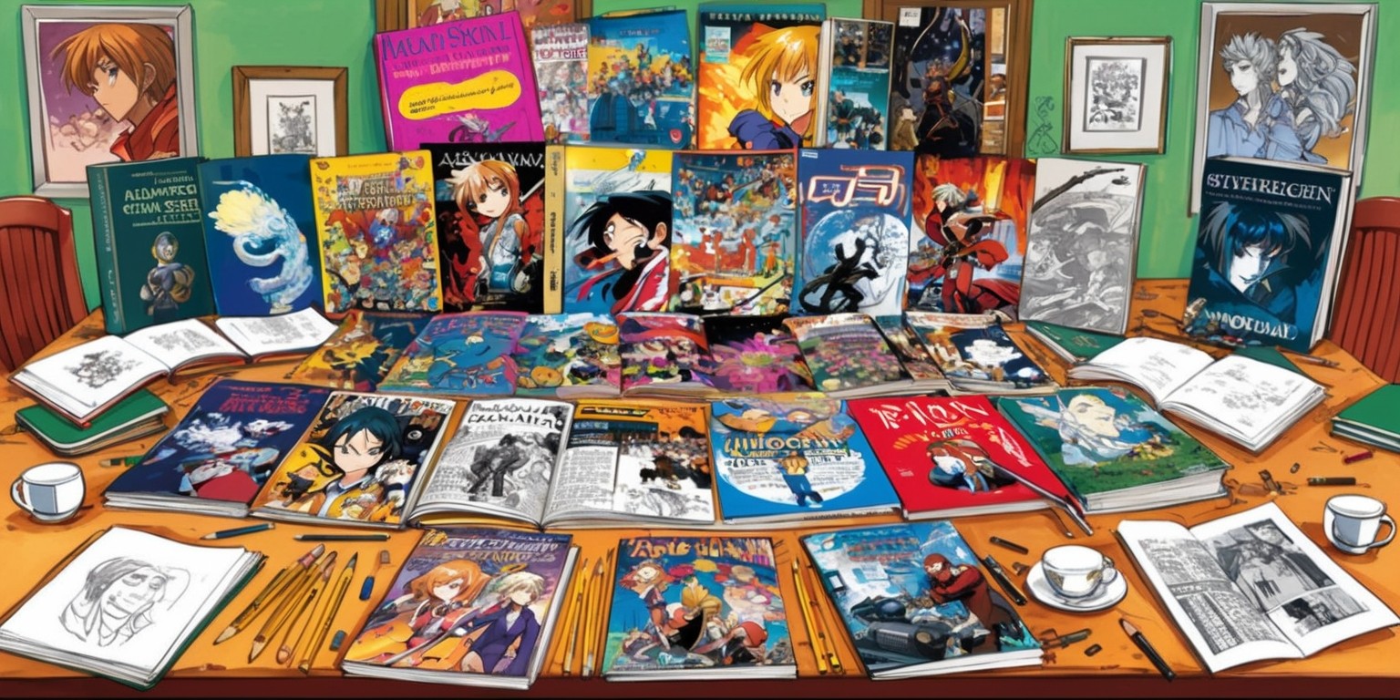 A colorful and vibrant illustration of Hiromu Arakawa's manga portfolio, featuring a collection of vibrant covers and pages from her iconic works, including Fullmetal Alchemist and Silver Spoon, laid out in a collage style on a wooden desk surrounded by scattered pencils, sketchbooks, and empty tea cups, with a few framed artwork hung on the wall behind, showcasing Arakawa's signature blend of fantasy, adventure, and humor, with bold lines, expressive character designs, and intricate details, all bursting with energy and creativity, as if the mangaka herself has just stepped away from her workspace, leaving behind a trail of imagination and inspiration.