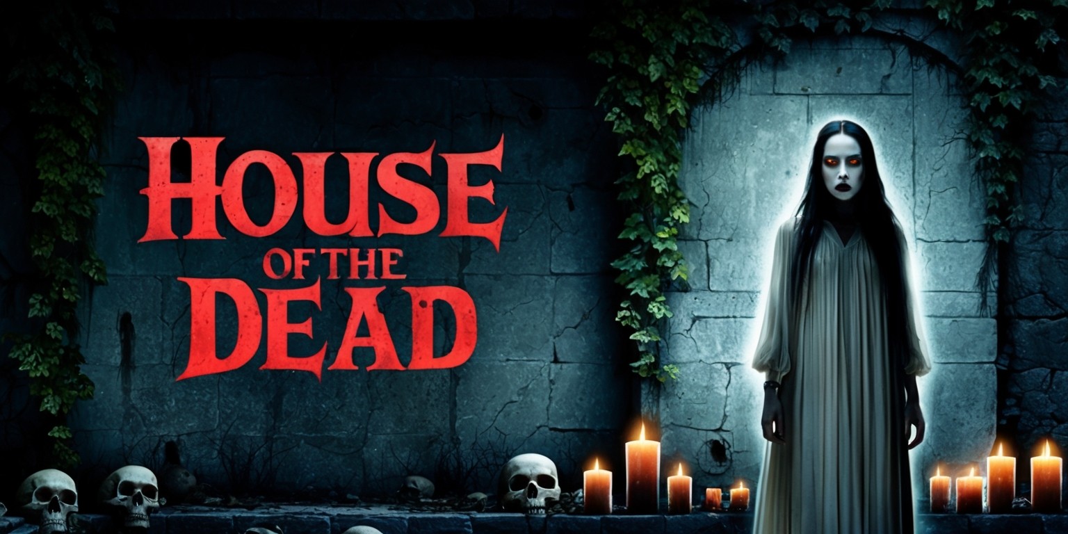 A dark and ominous poster for the House of the Dead movie, set against a worn, weathered stone wall with ivy crawling up the sides, the title 