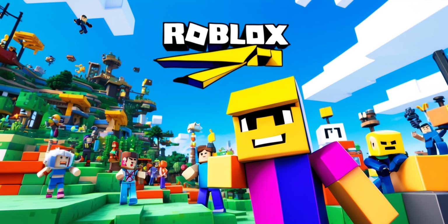 A vibrant digital artwork depicting a scene from the popular online multiplayer game Roblox, with a variety of colorful 3D characters and obstacles, set against a bright blue sky with fluffy white clouds, featuring a mix of blocky terrain and intricate details, with characters having distinct facial features and unique accessories, and the game's logo prominently displayed in a bold, sans-serif font with a bright blue and yellow color scheme, all captured in a dynamic and action-packed composition with a focus on fun and adventure.