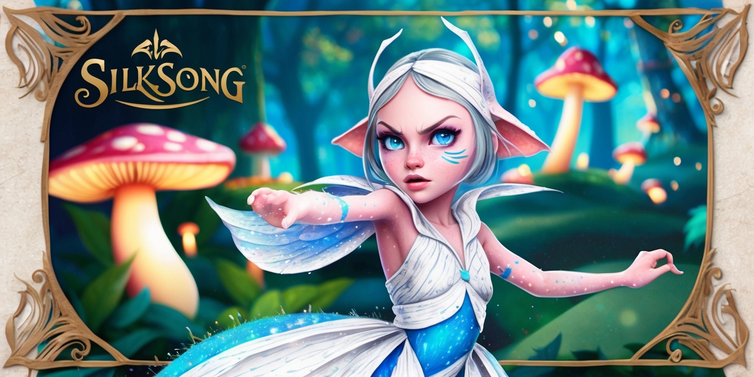 A whimsical illustration of the character Hornet from the Silksong game, set against a vibrant, dreamlike backdrop of lush forests and glowing mushrooms, with intricate details and textures, in a watercolor style with soft, blended colors, and a focus on Hornet's determined facial expression, with striking blue eyes and pale skin, wearing a flowing white and blue costume, adorned with small, shimmering threads, and a few subtle, glowing markings on her arms and face, with the game's logo subtly integrated into the scene, in a elegant, cursive font, with the title Silksong written in bold, golden letters, and the entire scene framed by a thin, ornate border, with a mix of warm and cool colors, and a sense of dynamic movement and energy.