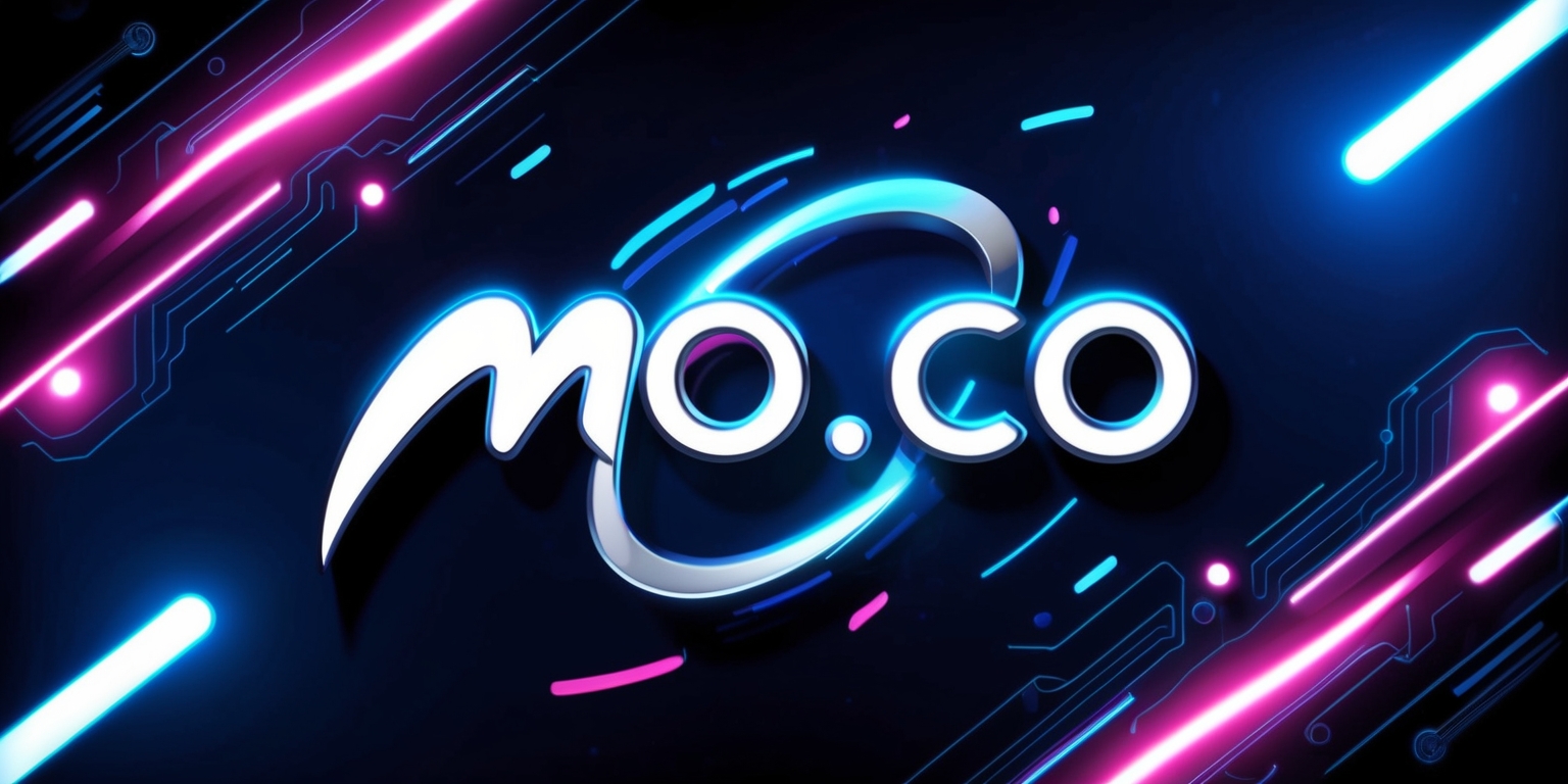 A stylized, futuristic illustration of a fictional video game named Mo.Co set against a neon-lit, dark blue background, with vibrant, glowing accents in electric blue and pink hues, evoking a sense of high-tech gaming experience; the game's logo, a stylized, silver, curved Mo.Co text with a subtle, 3D effect, is prominently displayed in the center, surrounded by swirling, wispy lines and shapes resembling circuit boards or digital code, with a hint of movement and energy, as if the game is alive and in action.