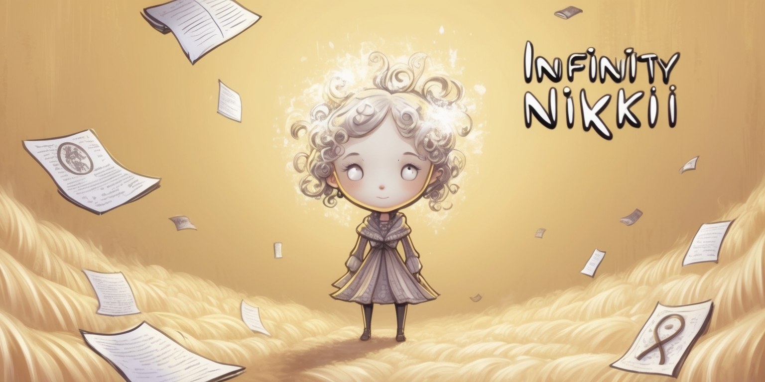 A whimsical, dreamlike illustration of Infinity Nikki, the titular protagonist from the indie game, standing in a surreal, infinite expanse surrounded by floating papers, books, and cryptic symbols, with a subtle, shimmering glow emanating from her hair and attire, set against a warm, creamy background with soft, feathery texture, evoking a sense of mystery and wonder, with Nikki's facial features softly defined, her skin a gentle, porcelain-like complexion, her eyes wide with curiosity, and her signature hairstyle a wild tangle of curly locks, with the game's logo subtly integrated into the design, featuring bold, cursive font with sharp, angular edges, in a metallic silver color that catches the light.