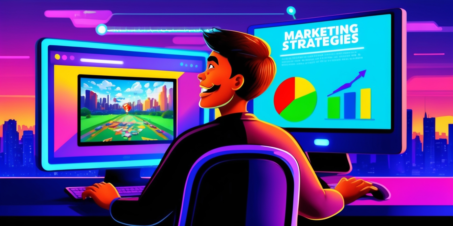 A vibrant and futuristic illustration of a person sitting in front of a computer screen displaying a video game, with a cityscape at sunset in the background, the person has a determined expression on their face with a mix of excitement and focus, their skin is a warm golden brown, and they have short dark hair, the computer screen shows a split-screen comparison of two different marketing strategies, with colorful charts and graphs, the text on the screen is in a bold modern font, with headings in bright blue and green, the overall mood is one of innovation and analysis, the colors are a blend of deep blues and purples for the cityscape, with bright and vivid hues for the computer screen and marketing materials.