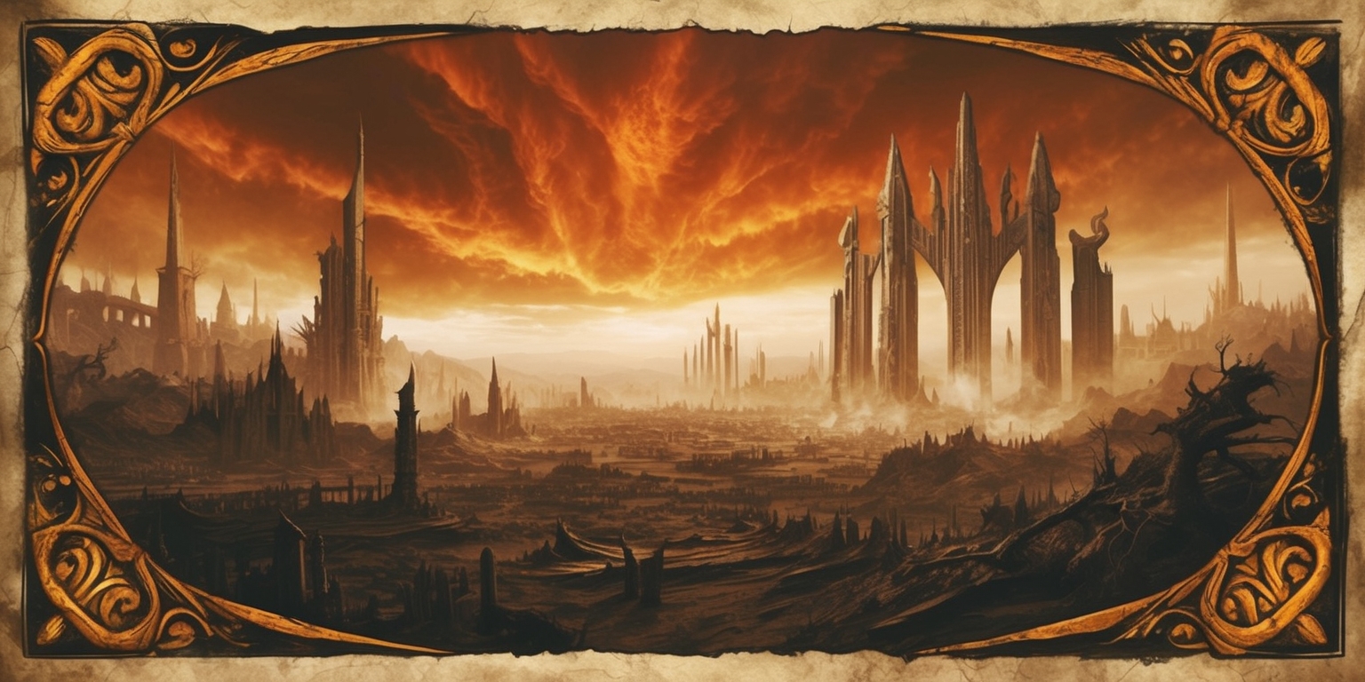 A sweeping, cinematic landscape of the post-apocalyptic world of Cyrodiil, set against a backdrop of a fiery, burnt-orange sky, with the crumbling spires and ruins of the Oblivion gates piercing the horizon, surrounded by a haze of smoke and ash, as seen in the fantastical, action-packed world of Oblivion Remastered, with intricate, hand-drawn style inspired by medieval illuminations, rich in golden hues, with bold, expressive brushstrokes, and ornate, mystical details, framed by a ornate, gilded border, with subtle, weathered texture, evoking a sense of ancient, forgotten lore.