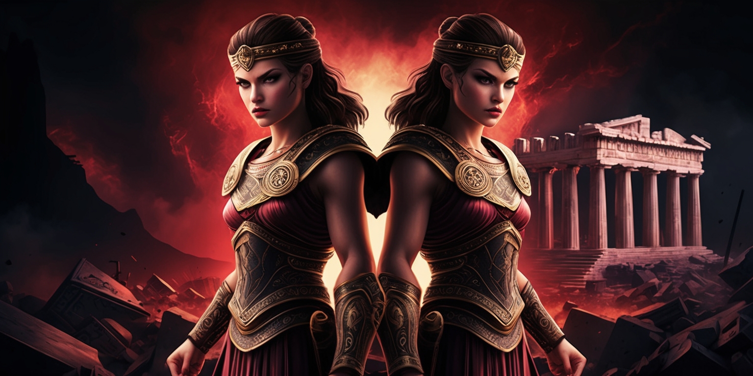 A dramatic illustration of the Athena Blood Twins game, set against a dark, ominous background with hints of crimson and gold, evoking an ancient, mystical atmosphere. At the center, the two twin protagonists, fiercely determined and mysterious, stand back-to-back, each with intricate, ornate armor adorned with symbols of Athena, goddess of wisdom and war. Their facial features are strong and chiseled, with piercing eyes that seem to hold secrets and power. Skin tones range from porcelain to golden, with subtle, nuanced shading. In the distance, the faint silhouette of the Parthenon looms, shrouded in a veil of mist, while shattered columns and debris scatter the surrounding terrain, hinting at the intense, action-packed gameplay. The entire scene is rendered in exquisite, detailed brushstrokes, blending elements of ancient Greek mythology with dark, gothic fantasy, as if plucked from the pages of a timeless, leather-bound tome.