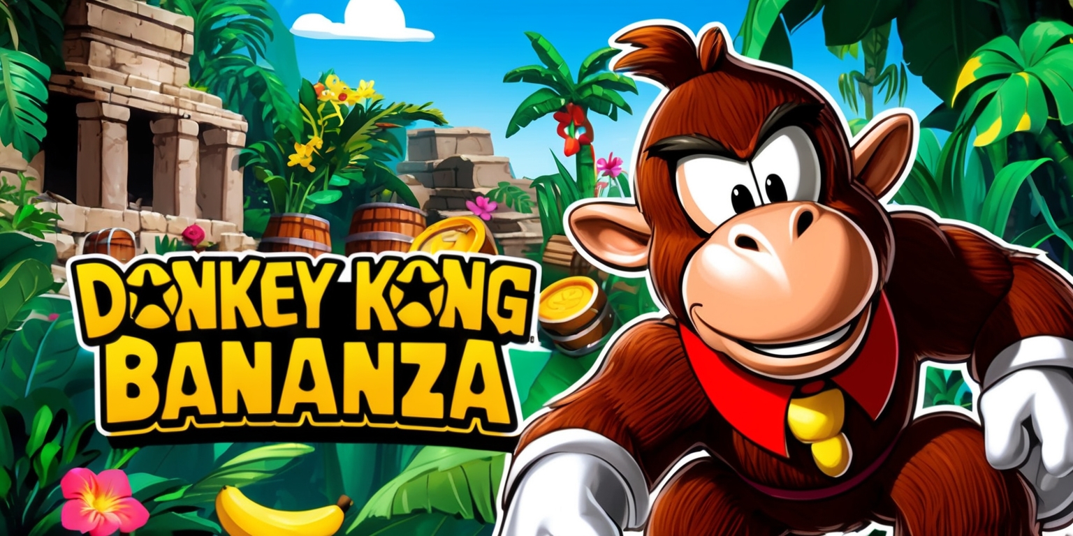 A vibrant and colorful illustration of the Donkey Kong Bananza game, featuring Donkey Kong as the main character, with a focus on his distinctive facial features, brown fur, and red tie, set against a jungle backdrop with lush green foliage, exotic flowers, and ancient ruins, incorporating elements of the game such as barrels, bananas, and Kremlings, with a dynamic layout and bold lines, showcasing the game's energetic and playful atmosphere, and including the game's logo in a bold, golden font with a fun, adventurous style.