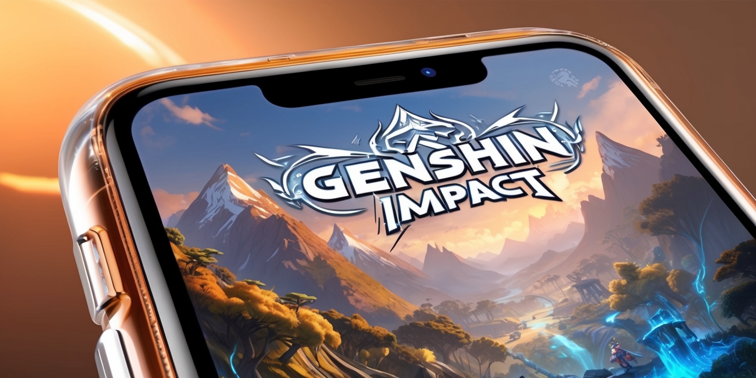 A sleek, modern smartphone screen displaying the Genshin Impact app, with a vibrant, high-resolution background image showcasing the game's fantastical world of Teyvat, featuring majestic mountains, lush forests, and mythical creatures, set against a warm, golden-orange sunset hue. The app's logo, a stylized, silver-white font with intricate, swirling patterns, sits prominently at the top of the screen, surrounded by subtle, shimmering particles. The screen's edges are slightly curved, with a subtle glass-like reflection. The overall aesthetic is a blend of futuristic technology and ancient, mystical elements, evoking a sense of adventure and exploration. The image is rich in detail, with subtle textures and nuances that invite the viewer to explore.