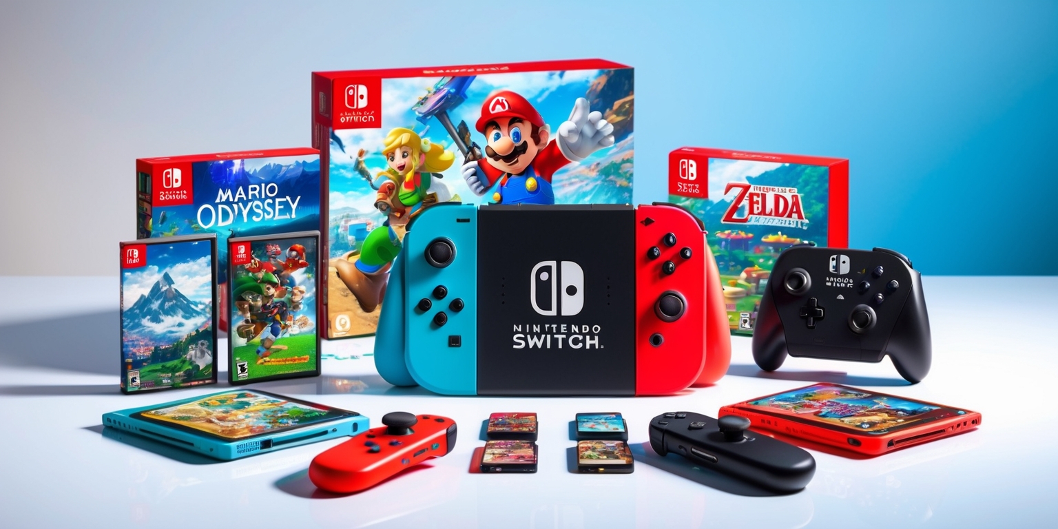 A colorful and vibrant still life arrangement featuring various Nintendo Switch games and accessories on a clean, white surface, with the console itself placed prominently at the center, surrounded by an assortment of colorful game cartridges, controllers, and other peripherals, such as a pair of bright red Joy-Con controllers, a sleek black Pro Controller, and a small stack of games with bold, eye-catching cover art, including titles like Super Mario Odyssey and The Legend of Zelda: Breath of the Wild, with the Nintendo logo prominently displayed on the console and packaging, set against a subtle, gradient blue background that evokes a sense of excitement and adventure, with soft, natural lighting and gentle shadows that add depth and dimension to the composition.