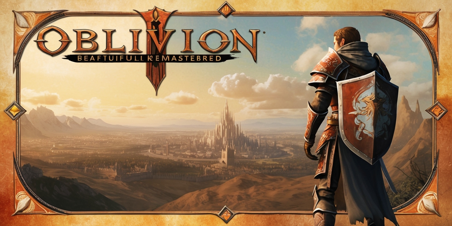 A beautifully remastered game cover art for Oblivion, featuring a sweeping vista of the Cyrodiil province with the Imperial City in the distance, set against a warm orange and golden sky with subtle, puffy white clouds. In the foreground, a heroic figure, likely the game's protagonist, stands resolute, equipped with ornate armor and shield emblazoned with the emblem of the Blades. The overall style is fantastical, with intricate details and textures reminiscent of medieval illuminated manuscripts. The title Oblivion is emblazoned across the top in bold, gothic-style letters with a subtle glow effect. The overall color palette is a mix of earthy tones, with muted greens and blues, evoking a sense of adventure and discovery.
