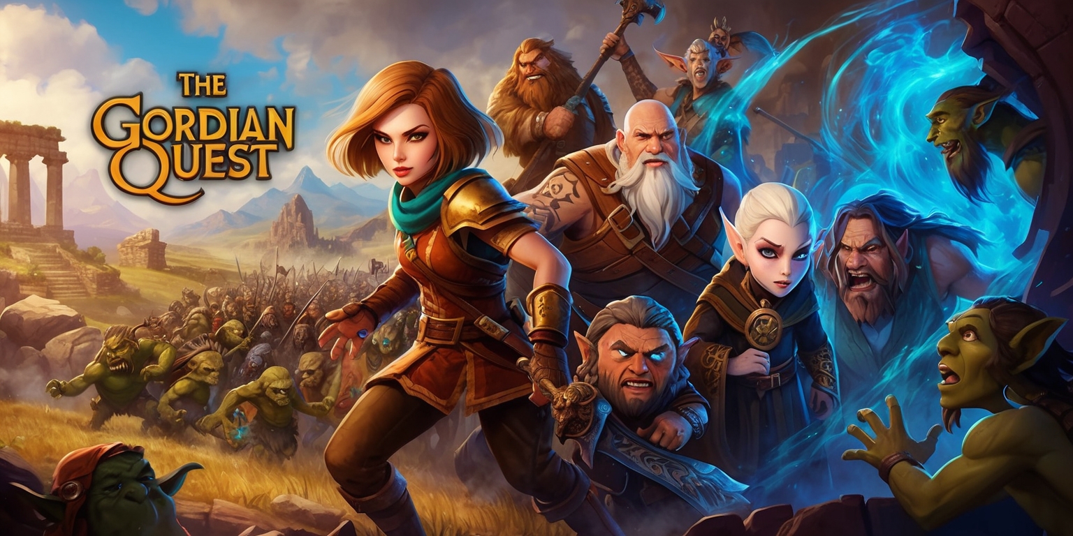 A fantastical illustration of the Gordian Quest game, set in a mystical realm with ancient ruins and sprawling landscapes, featuring a heroic party of adventurers - a human rogue with piercing emerald eyes and shoulder-length chestnut hair, a dwarf cleric with a bushy beard and intricate tattoos, and an elf wizard with porcelain skin and sparkling sapphire eyes - standing valiantly against a monstrous horde of goblins, trolls, and other mythical creatures, with hints of magical energy and swirling mist surrounding them, rendered in a vibrant color palette with warm golden tones, rich earthy browns, and mystical blues, reminiscent of classic fantasy art, with bold lines, dynamic composition, and intricate details, evoking a sense of epic adventure and heroic questing.