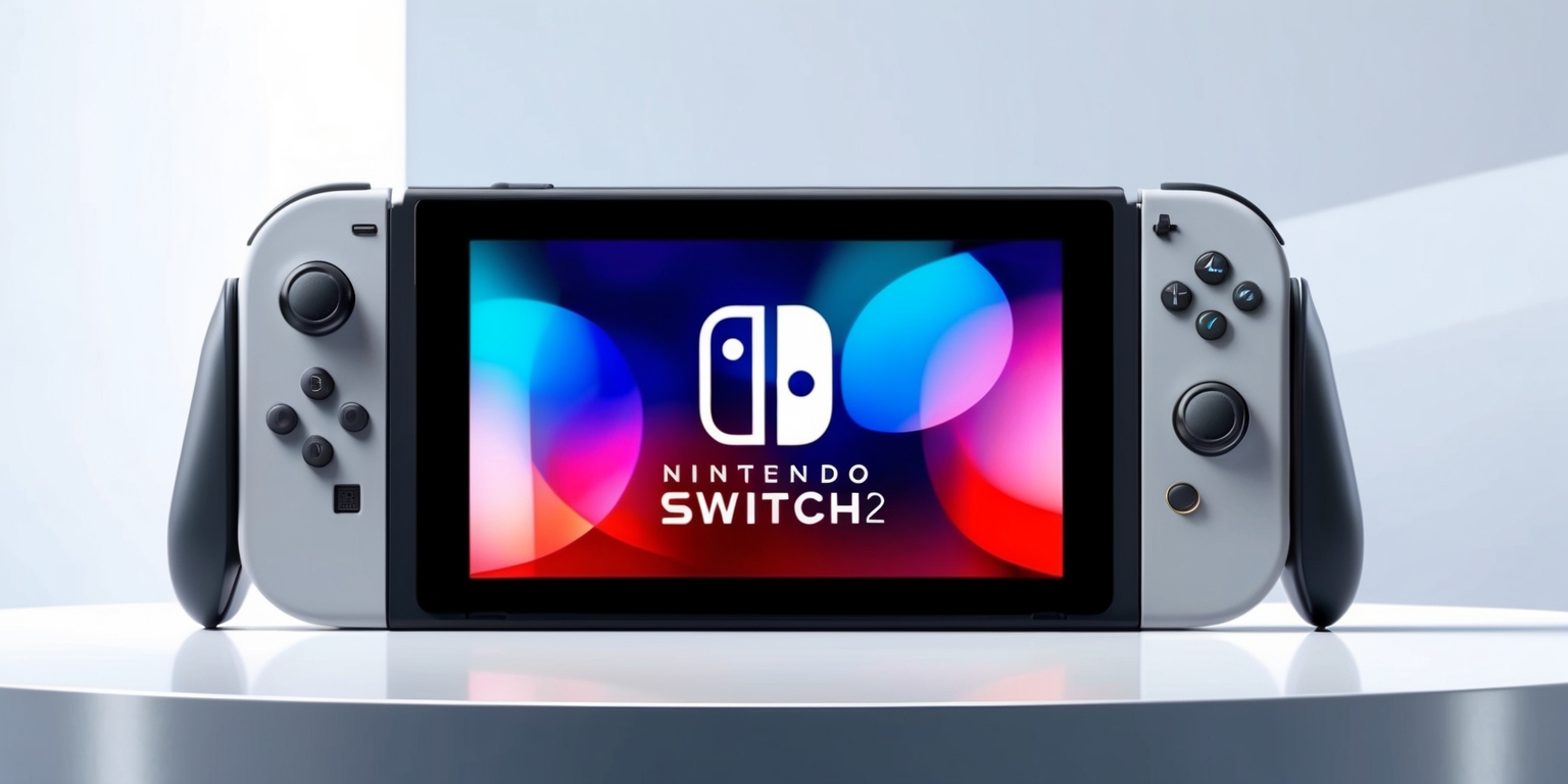 A sleek and modern Nintendo Switch 2 console sitting on a clean, minimalist white background, with the console's screen illuminated to display a vibrant and colorful video game scene, possibly showcasing a popular Nintendo character, the Joy-Con controllers detached and placed symmetrically on either side of the console, with a subtle sheen to the console's surface hinting at its premium build quality, the Nintendo logo and Switch branding prominently displayed on the console's front and top respectively, in a clean, sans-serif font, with a subtle gradient of blues and whites to evoke a sense of innovation and fun, the overall composition showcasing the console's slender profile and futuristic design.