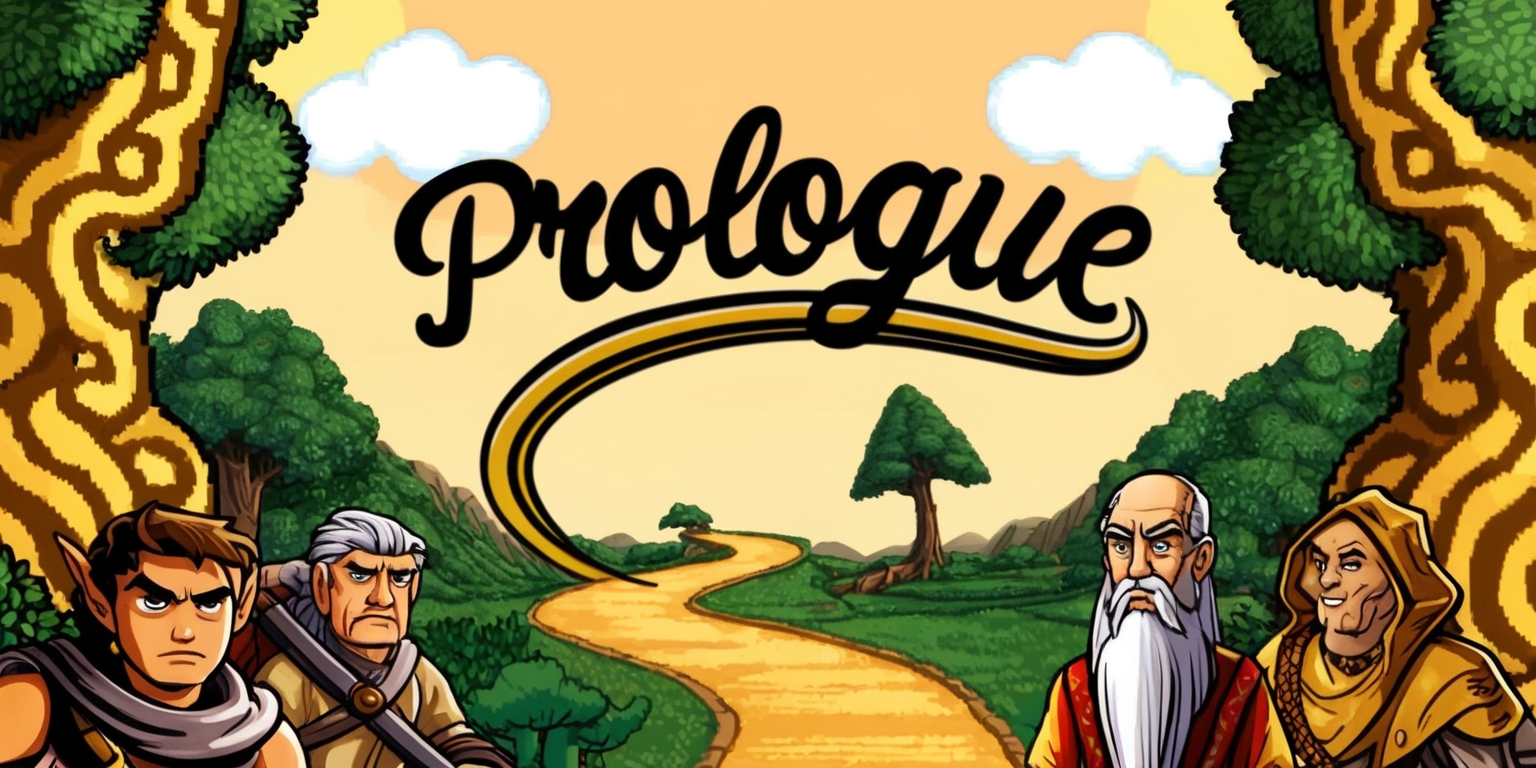 A nostalgic video game screenshot of the Prologue level of the Wayback game, featuring a warm and inviting color palette with shades of beige, brown, and golden yellow, set against a subtle gradient background, with retro-style pixelated graphics and bold, cursive fonts displaying the title Prologue in a prominent, curved line above a winding path that disappears into the horizon, surrounded by lush greenery and towering trees with intricate, swirling patterns on their trunks, under a bright, sunny sky with a few puffy white clouds, and in the foreground, a few iconic game characters stand out, such as a brave adventurer with a determined expression, a wise old sage with a long white beard, and a mysterious stranger with an air of secrecy, all rendered in exquisite detail with a mix of soft, earthy tones and vibrant, popping colors.