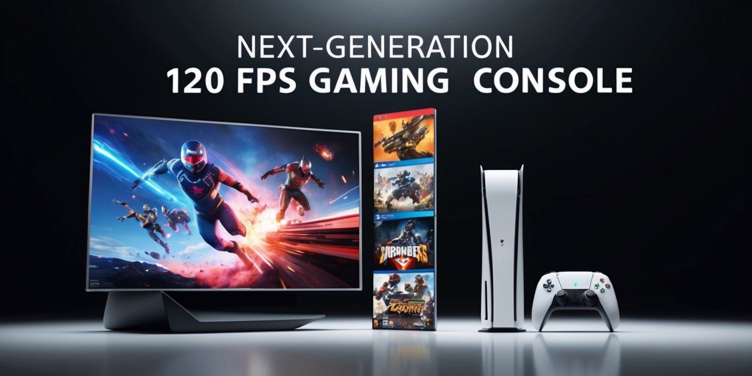 A sleek, futuristic next-generation gaming console with a high-resolution screen displaying vibrant, detailed graphics, set against a dark background to emphasize the console's design, with the words Next-Generation 120 fps Gaming Console etched in bold, silver font above the console, and a few newly released games stacked vertically beside it, their covers showcasing action-packed scenes with diverse characters, the overall aesthetic is modern, minimalist, and futuristic, with an emphasis on sharp lines, metallic surfaces, and a predominantly black and silver color scheme, the lighting is soft and even, highlighting the console's sleek curves and the texture of the games' covers.