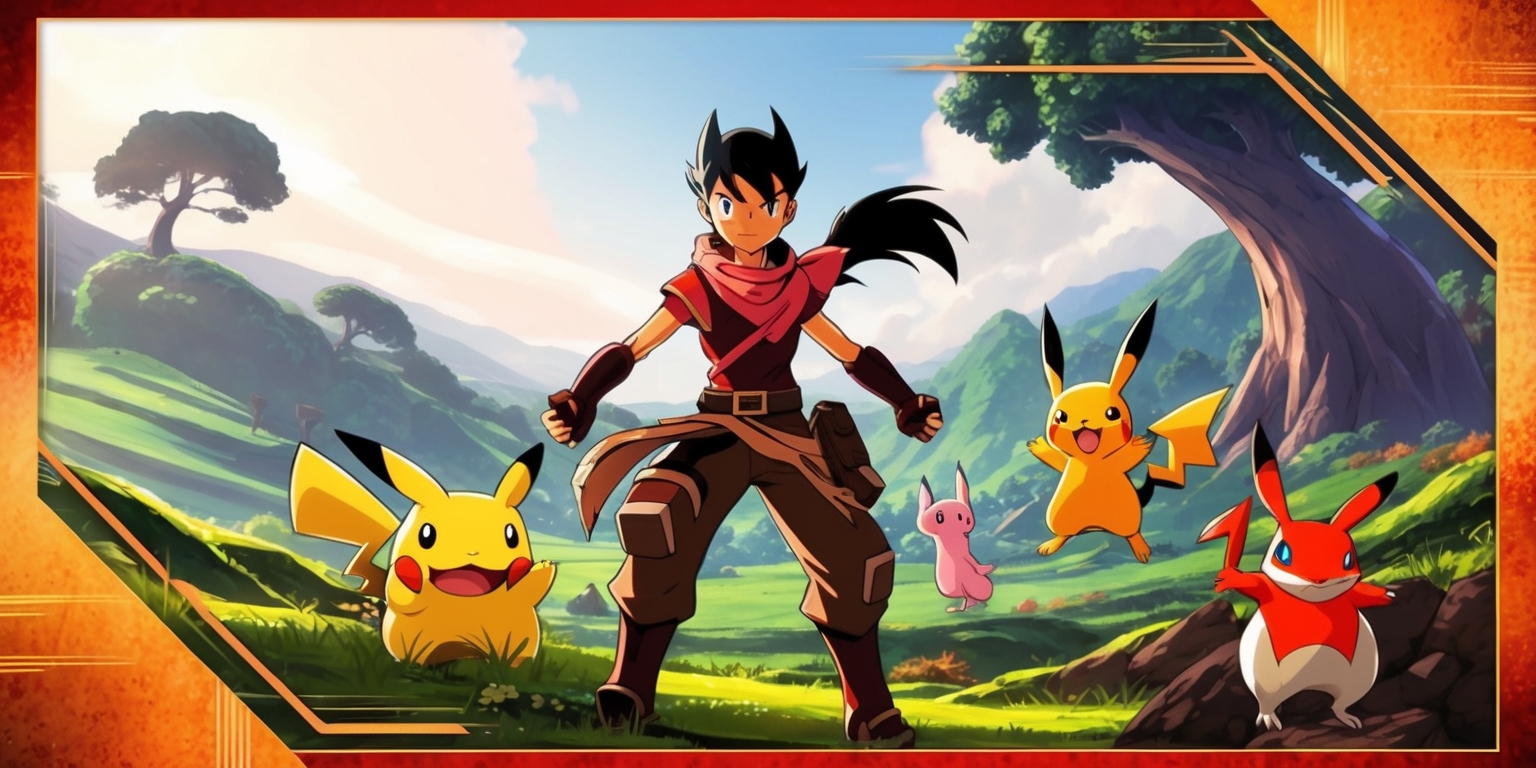 A vibrant and dynamic scene depicting a character from Pokémon Legends: Z-A, set against a lush and expansive landscape with rolling hills and towering trees, with the character standing heroically in the foreground, surrounded by a few recognizable Pokémon, the character's facial features are determined and strong, with a mix of earthy tones and bright colors, the style is reminiscent of an action-packed anime or manga, with bold lines and dynamic textures, the layout is framed to capture the essence of adventure and exploration, with the Pokémon and character placed prominently in the center, and the background fading into a warm and inviting haze, the overall mood is one of excitement and anticipation.